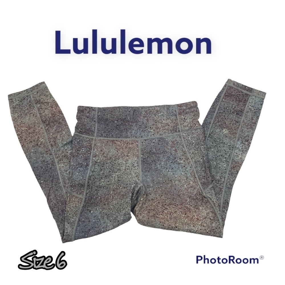 LULULEMON Stone/ Pink Paint Splattered Wunder Under Hi Rise Leggings Size 6 - Picture 1 of 14